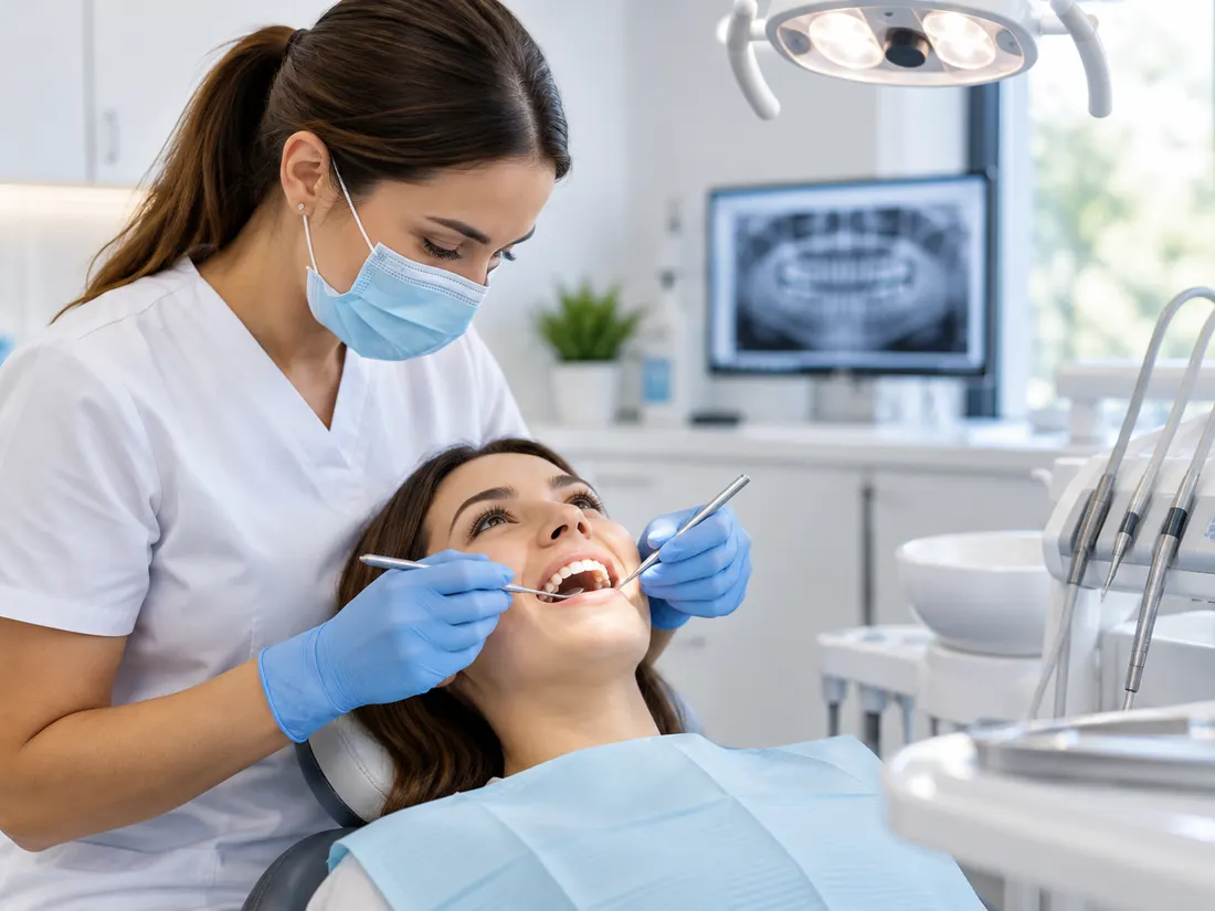Profesional de una clínica dental atendiendo a una paciente