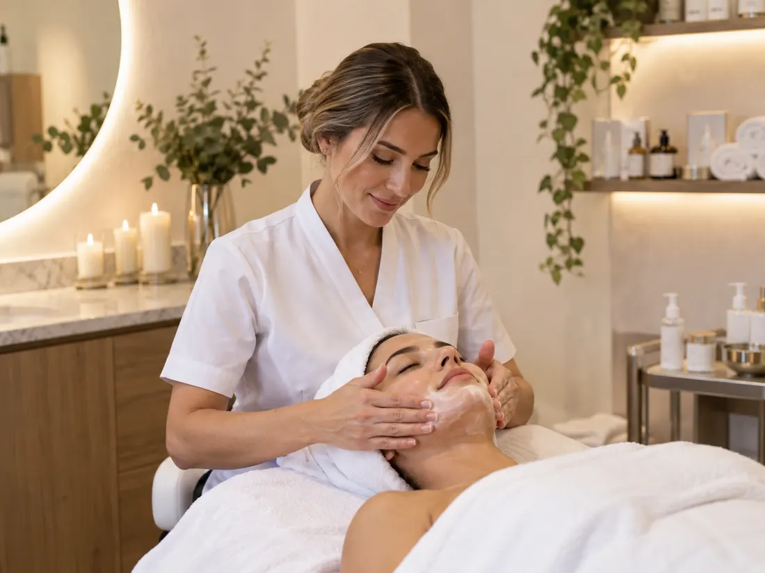 Esteticista realizando un tratamiento facial en un centro de estética