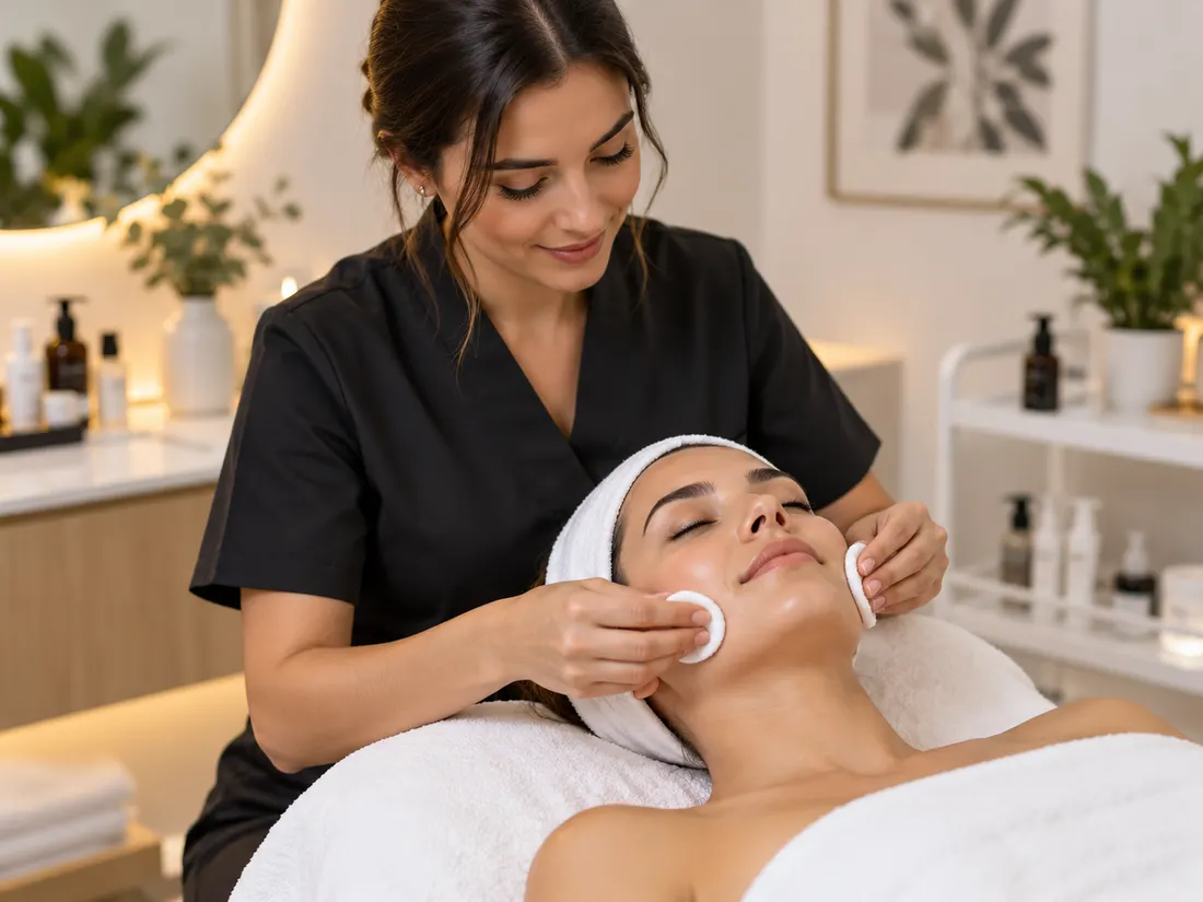 Cliente recibiendo un tratamiento facial relajante en un spa moderno