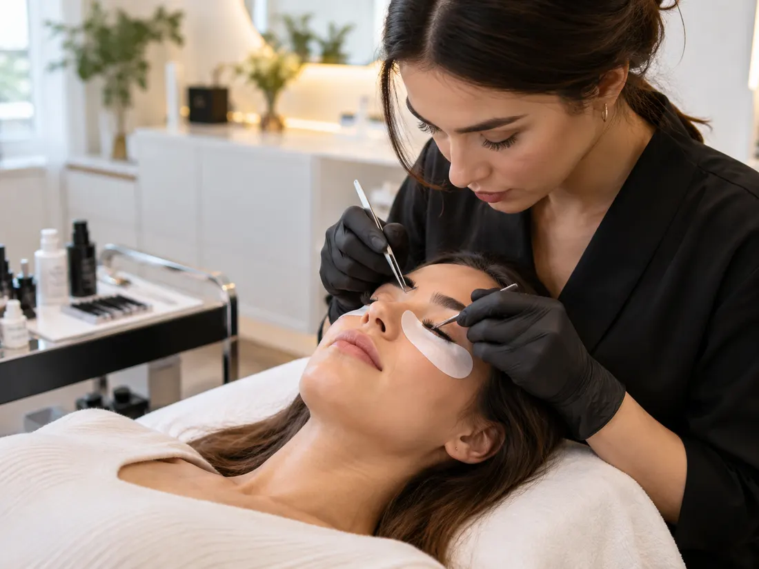 Tratamiento profesional de pestañas en un centro de estética moderno
