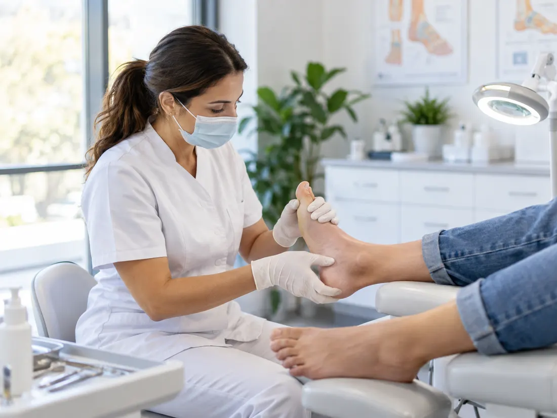 Especialista en podología realizando un cuidado profesional de los pies en clínica luminosa